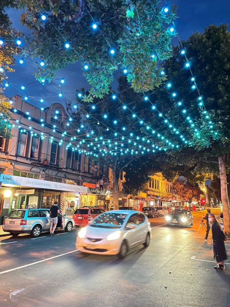 Rainbow Aurora art installation over George Street Dunedin