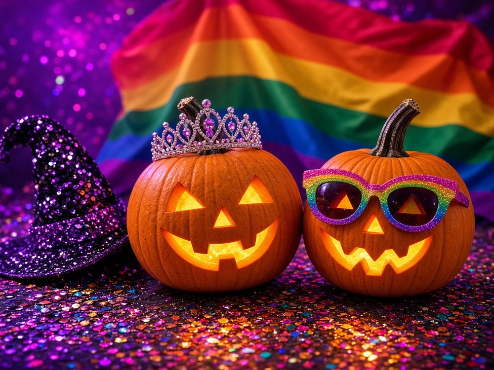 Two glowing jack-o'-lanterns, one wearing a jewelled tiara and one in glittery rainbow sunglasses, beside a sequined witch hat in front of a rainbow flag