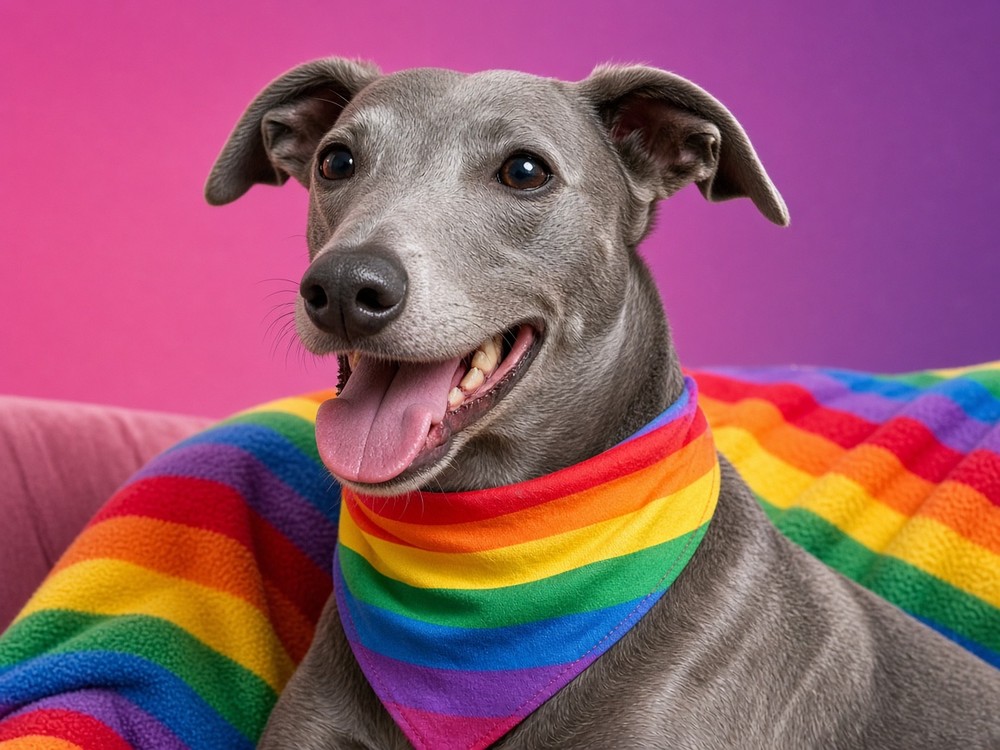 A smiling grey greyhound wearing a rainbow bandana, lying on a rainbow-striped blanket against a pink and purple backdrop