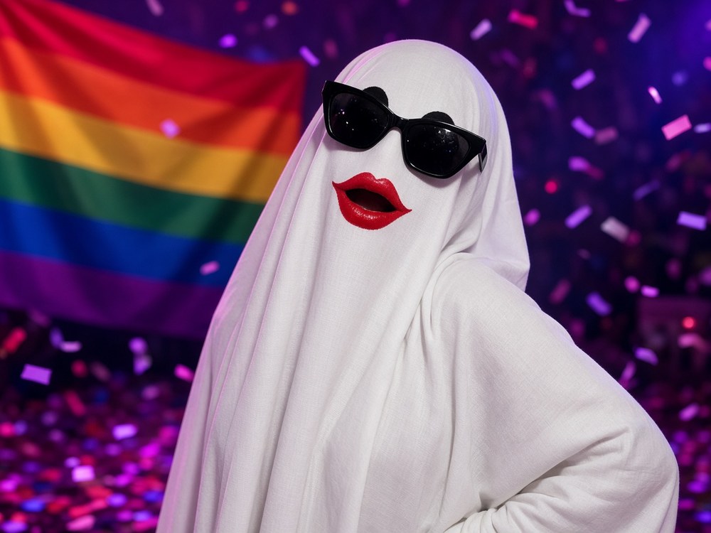 A person draped in a white sheet ghost costume with black sunglasses and big red lips, posing in front of a rainbow flag under purple party lights