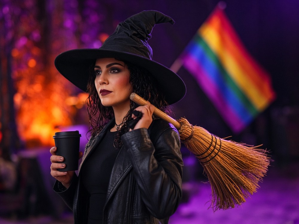 A woman in a black witch hat and leather jacket holding a takeaway coffee cup, with a broom over her shoulder and a rainbow flag behind her