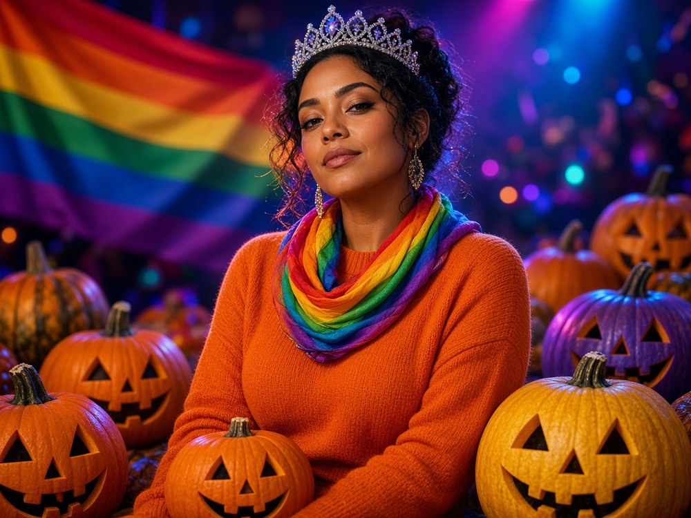 A woman in an orange jumper, sparkling tiara and rainbow scarf sitting among carved jack-o'-lanterns, with a rainbow flag behind her