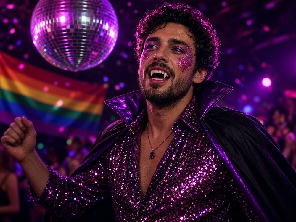 A bearded man in a purple sequin shirt, black cape and vampire fangs, dancing under a mirror ball with a rainbow flag behind him