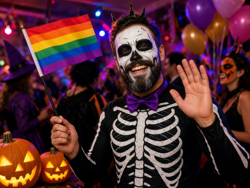 A bearded man in skeleton face paint and a black rib-print top with a purple bow tie, smiling and waving a small rainbow flag at a Halloween party