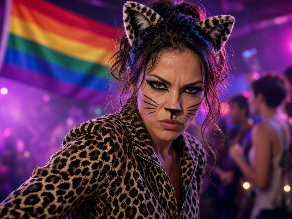 A woman with leopard print cat ears, drawn-on whiskers and a leopard print jacket giving a fierce look at a party, with a rainbow flag behind her