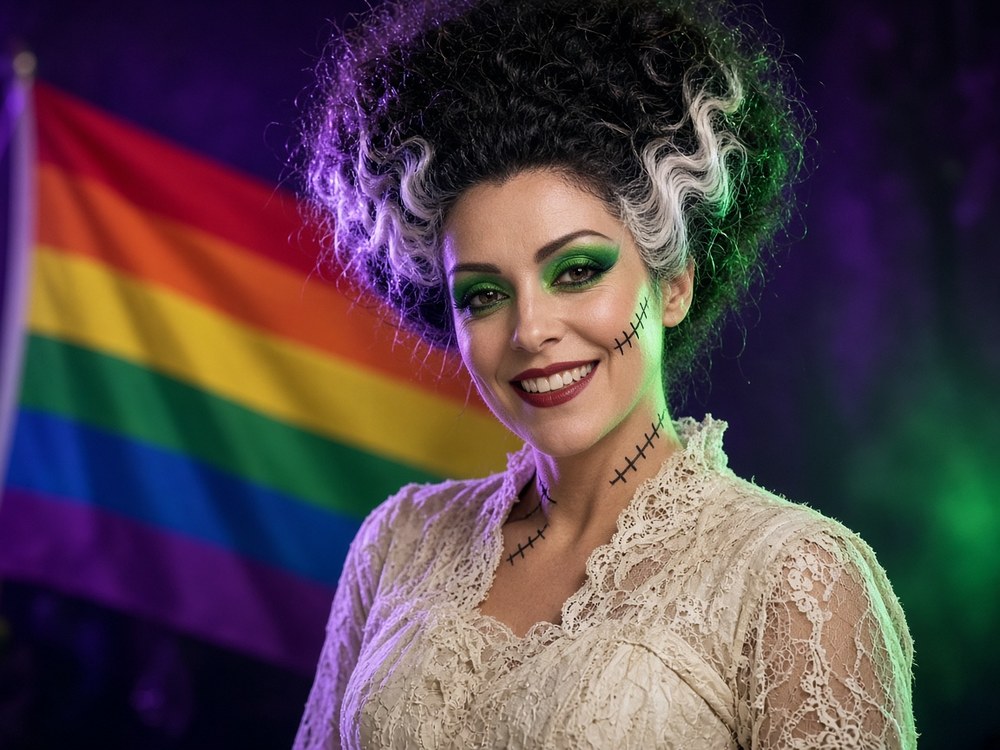 A smiling woman with sky-high black and white hair, green eyeshadow and drawn-on stitches, wearing a cream lace dress in front of a rainbow flag