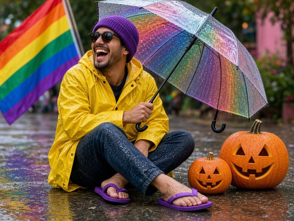 A laughing man in a yellow raincoat, purple beanie, sunglasses and jandals sitting in the rain with a rainbow umbrella, jack-o'-lanterns and a rainbow flag