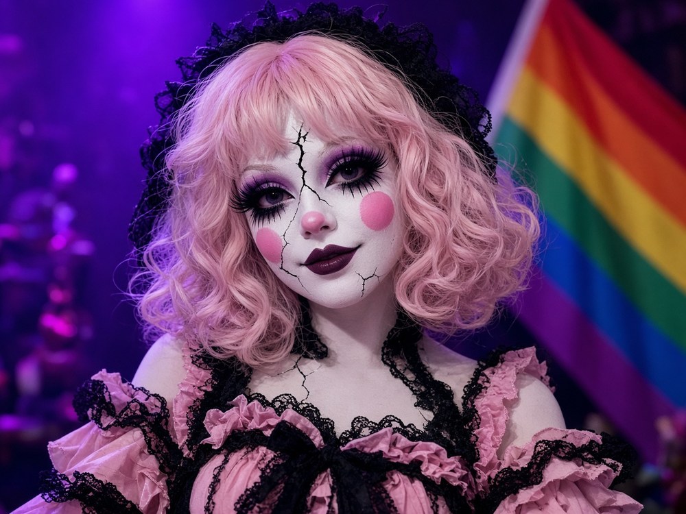 A drag performer dressed as a haunted porcelain doll with pink curls, painted cracks, rosy cheeks and a frilly pink and black dress, with a rainbow flag behind