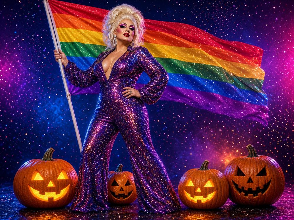 A drag queen in a sparkling purple sequin jumpsuit holding a big glittering rainbow flag beside glowing jack-o'-lanterns